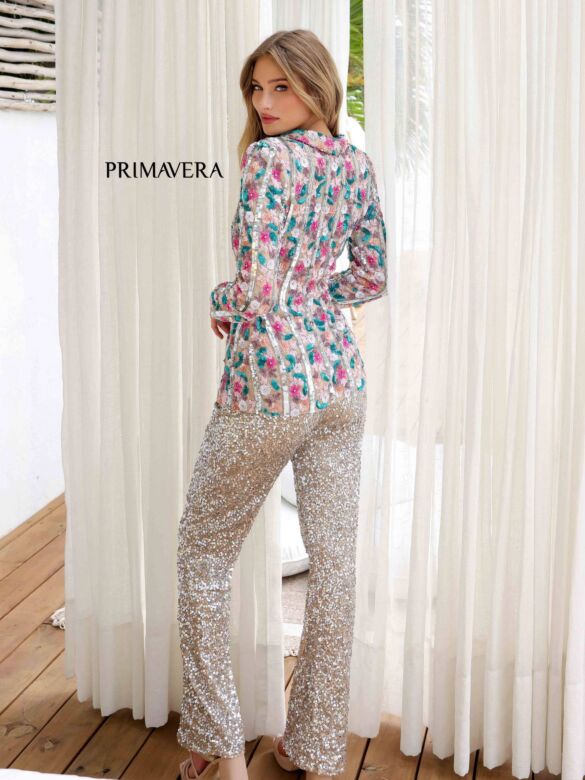 Primavera Couture 4388 Plunging Neck Sequined Pantsuit