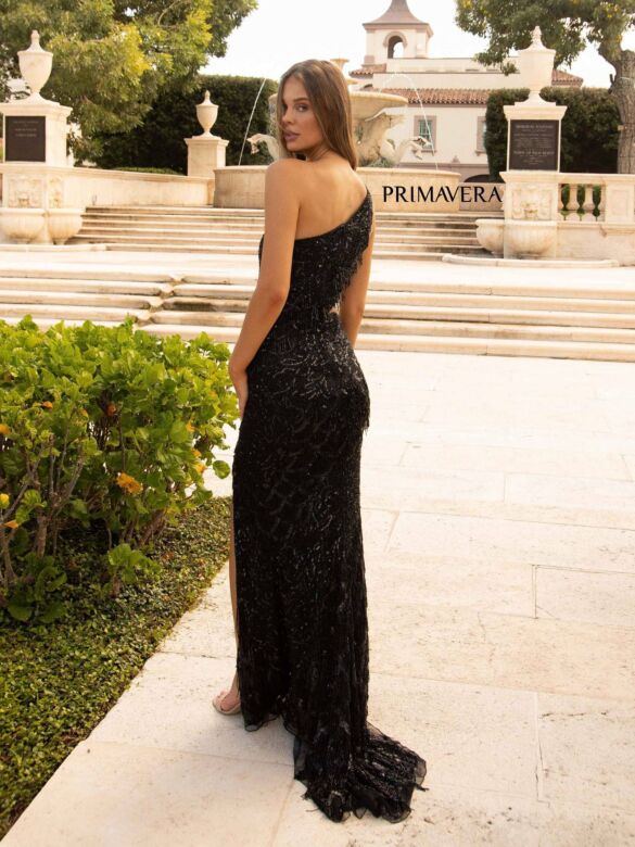 Primavera Couture 3766 Side Cutout Beaded Fringe Dress