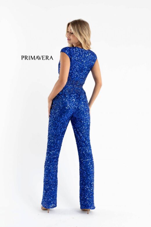 Primavera Couture 3775 Cap Sleeve V-Neck Sequined Jumpsuit