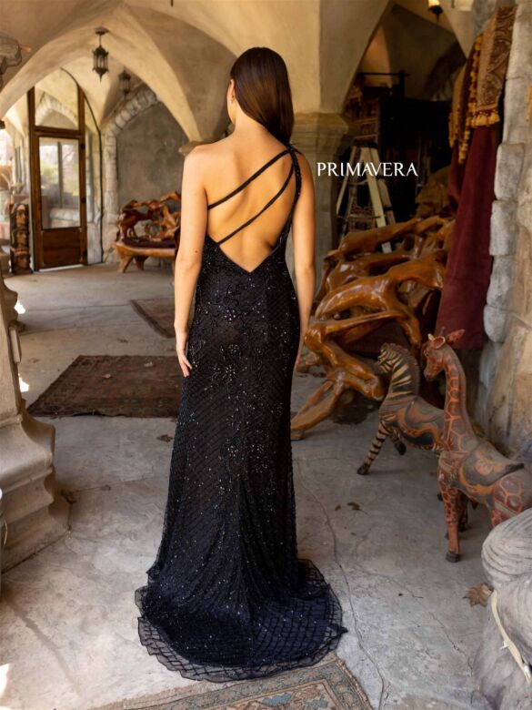 Primavera Couture 3921 Strappy Back Feathered Shoulder Dress