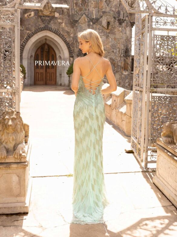 Primavera Couture 3925 Fringe High Slit V-Neck Dress