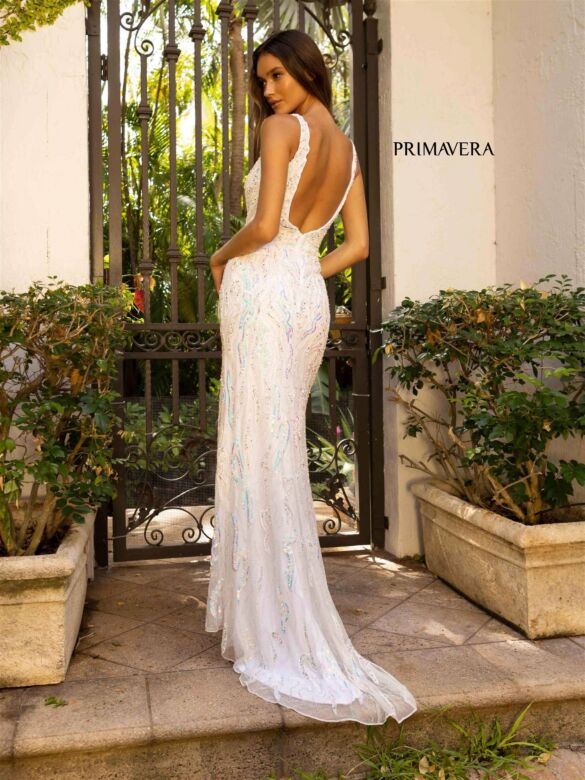 Primavera Couture 3927 Backless Beaded Plunging Neck Dress