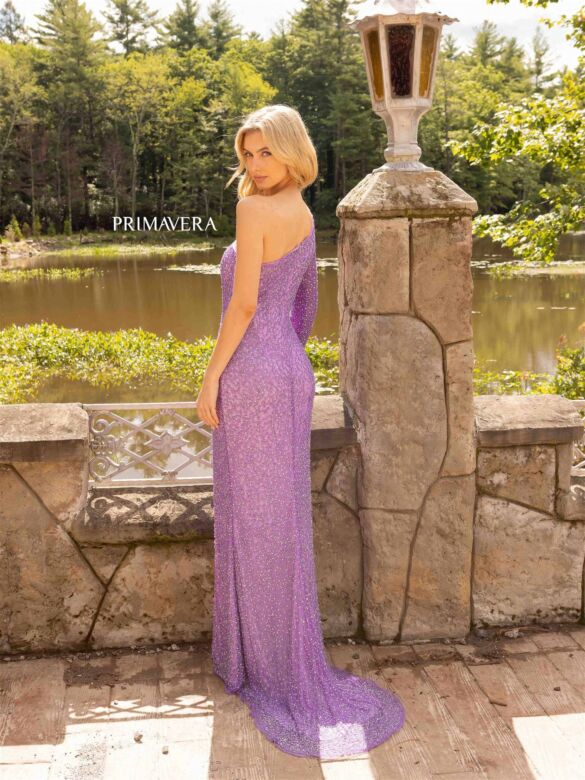 Primavera Couture 3939 Beaded One-Shoulder High Slit Dress