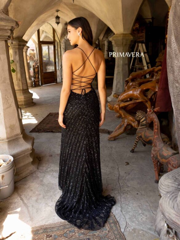Primavera Couture 3943 Beaded Lace-Up Back Spaghetti Strap Dress