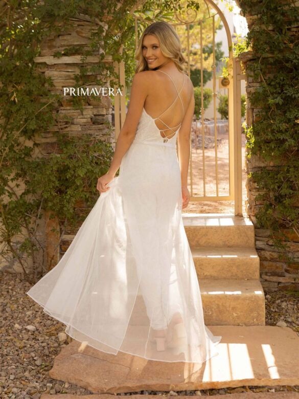 Primavera Couture 3973 Removable Overskirt V-Neck Jumpsuit