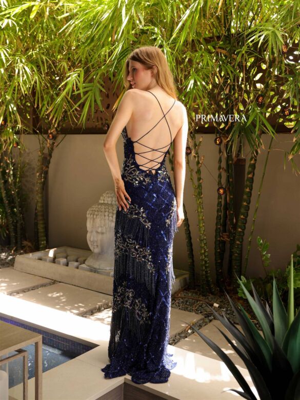 Primavera Couture 4111 Lace-Up Back Beaded Fringe Dress