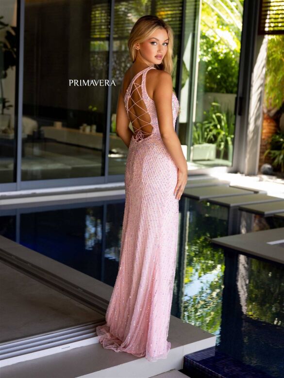 Primavera Couture 4120 High Slit Cutout Lace-Up Back Dress
