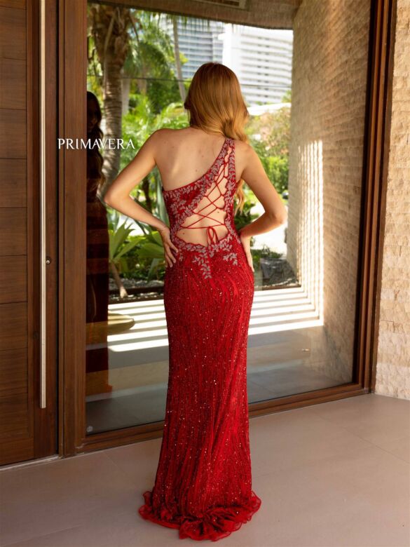 Primavera Couture 4144 Cutout Back High Slit Beaded Dress