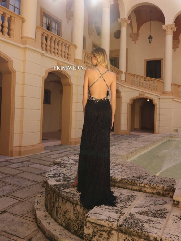 Primavera Couture 4145 Cross Back High Slit Fringe Dress