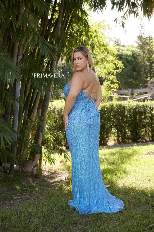 Primavera Couture 14072 Beaded Lace-Up Back Scoop Neck Dress