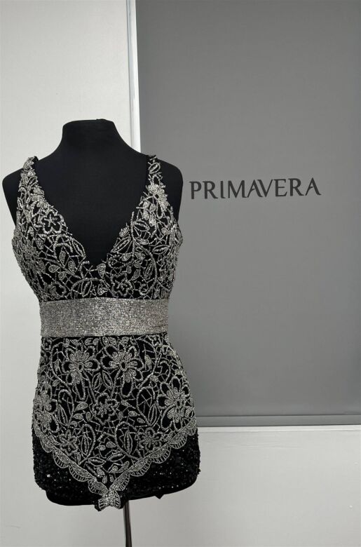 Primavera Couture 3563 Plunging Neckline Floral Beaded Dress