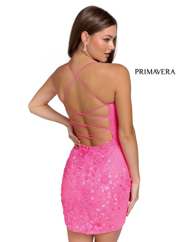 Primavera Couture 3837 Floral Appliques Lace-Up Back Dress