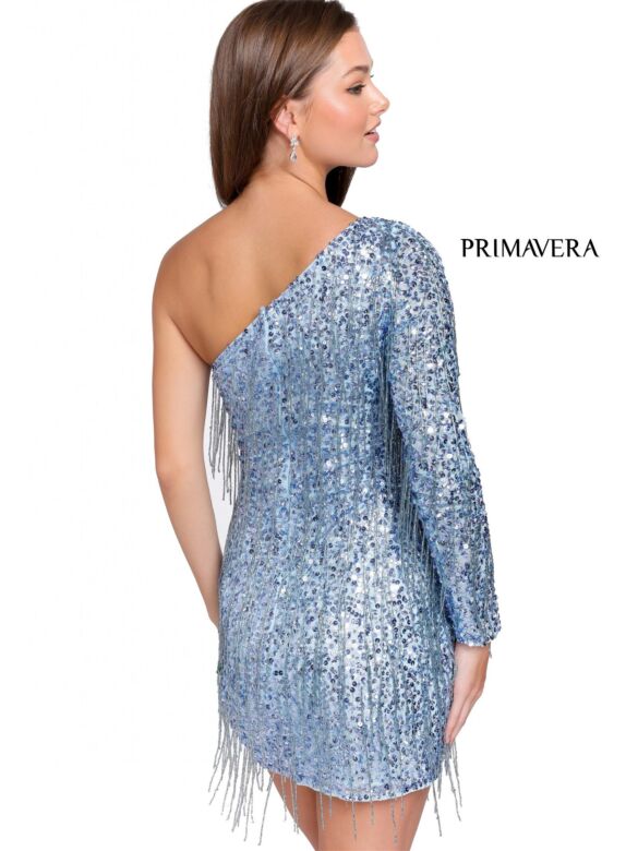 Primavera Couture 3858 One Sleeve Fringe Sequin Dress