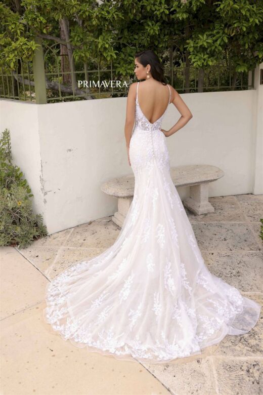 Primavera Couture 11103 Long Train Plunging Neck Wedding Gown