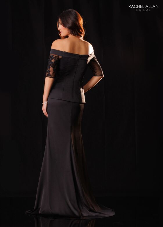 Rachel Allan RB8240 Off The Shoulder Sheer Sleeve Peplum Dress