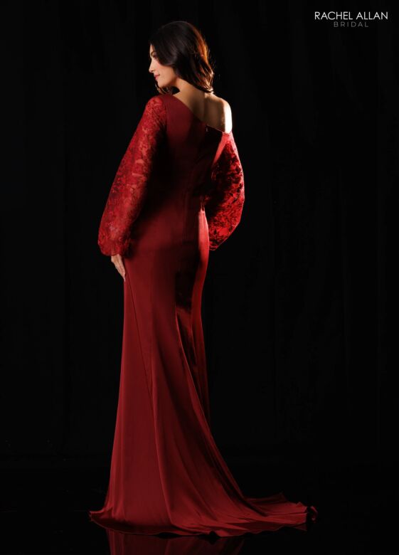 Rachel Allan RB8249 Illusion Bishop Sleeve Asymmetric Neck Dress