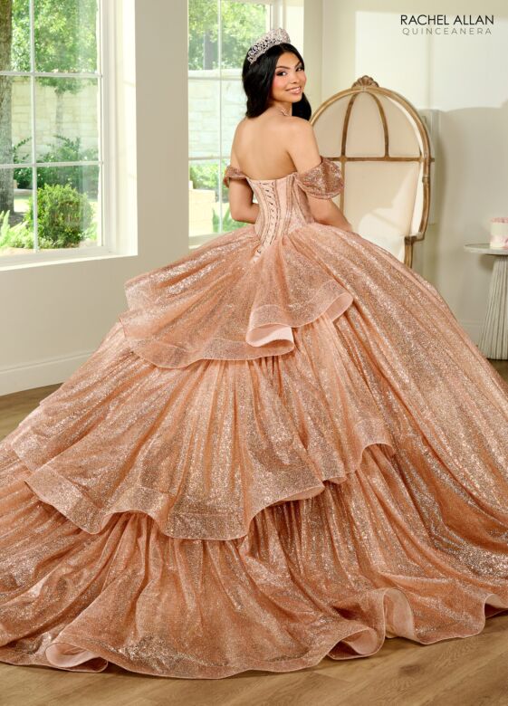 Rachel Allan RQ2183 Corset Bodice Tiered Train Quinceanera Dress