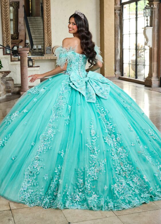 Rachel Allan RQ2186 Feather Strap Bow Back Quinceanera Gown