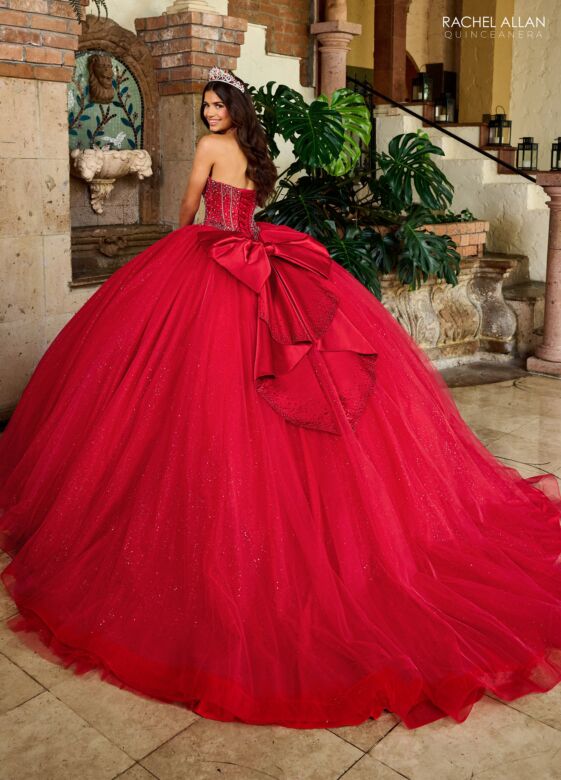 Rachel Allan RQ1156 Plunging Neck Removable Bow Quince Dress