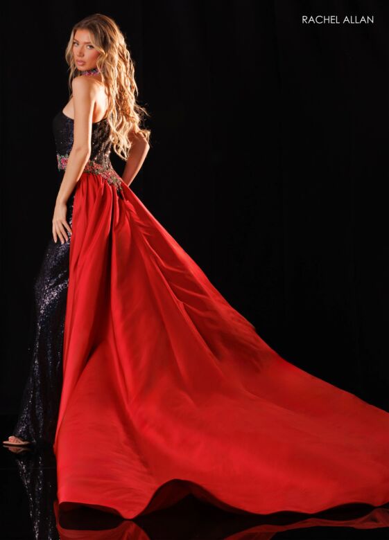 Rachel Allan 50438 Sequined One-Shoulder Overskirt Jumpsuit