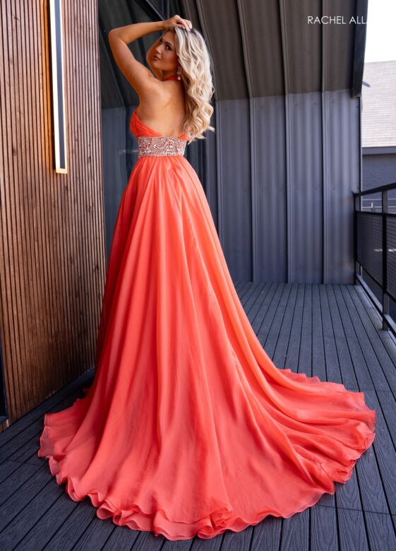 Rachel Allan 50294 Beaded Waist High Slit Cross Halter Dress