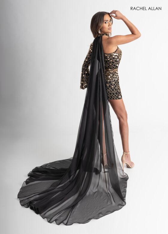 Rachel Allan 50397 Choker Cape Asymmetric Bell Sleeve Romper
