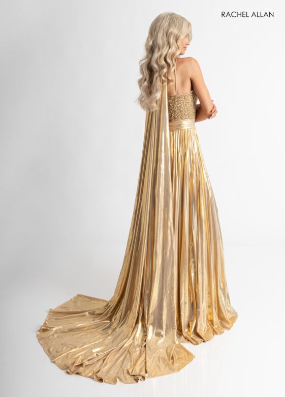 Rachel Allan 50408 Choker Cape Pleated Wide-Leg Jumpsuit