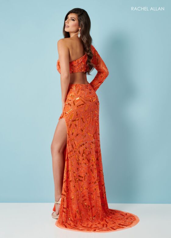 Rachel Allan 70339 Beaded One-Shoulder Long Sleeve Dress
