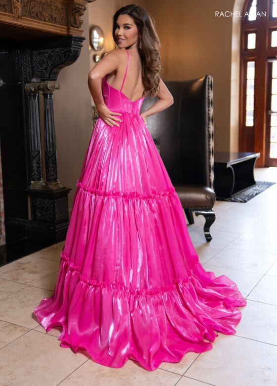 Rachel Allan 70748 Layered Skirt Plunging Neck Shimmer Dress