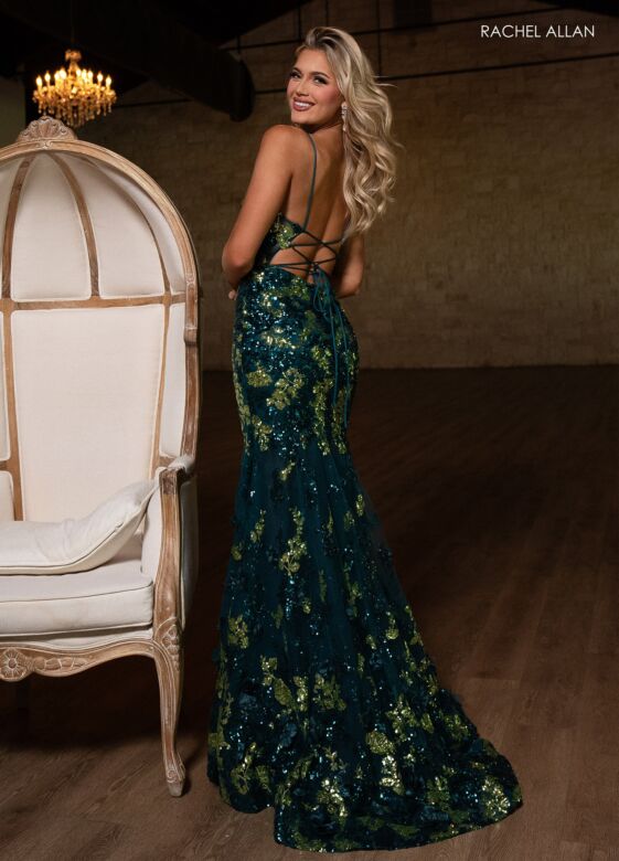 Rachel Allan 70858 Lace-Up Back Floral Sequin Trumpet Dress