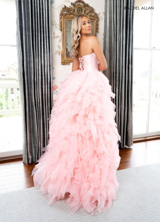 Rachel Allan 71018 Tiered Skirt Corset Bodice High Slit Dress
