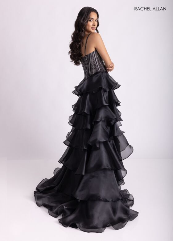 Rachel Allan 71049 Tiered Ruffle Skirt High Slit Dress