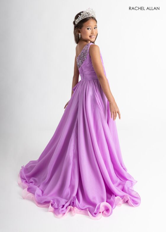 Rachel Allan 10311 Asymmetric Neck Chiffon Overskirt Romper