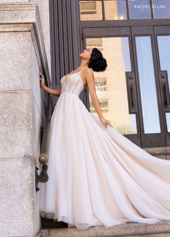 Rachel Allan RB3210 Plunging Neck Pearl Beaded Wedding Dress