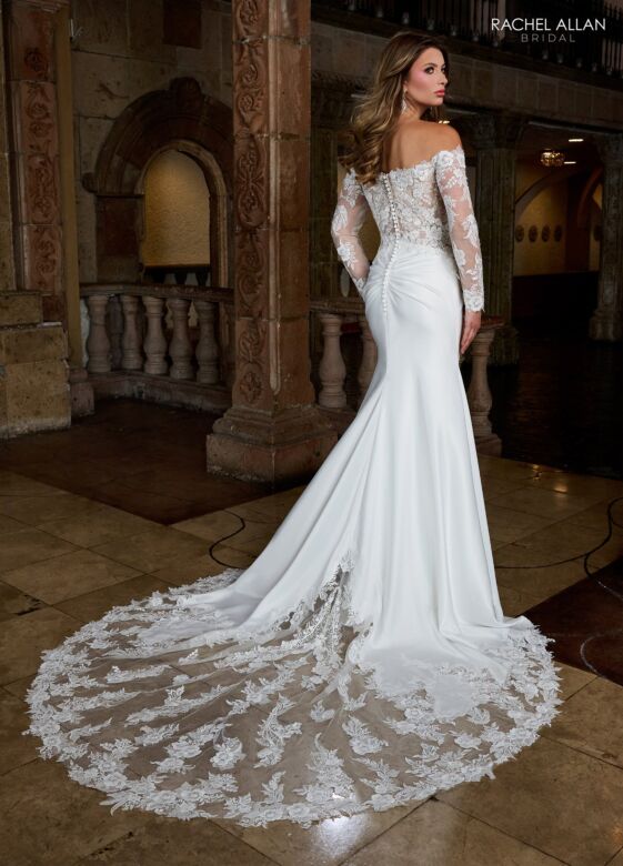 Rachel Allan RB3218 Sheer Train Illusion Off-The-Shoulder Wedding Gown