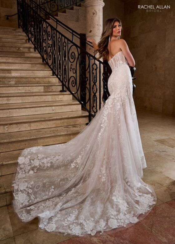 Rachel Allan RB5088 Plunging Neck Lace Train Mermaid Wedding Gown