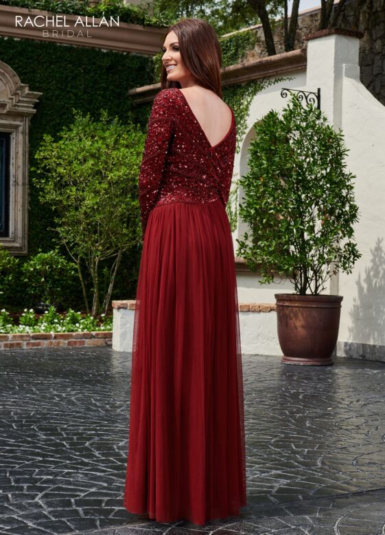 Rachel Allan RB8107 Sequin Top Long Sleeves V-Neck Dress