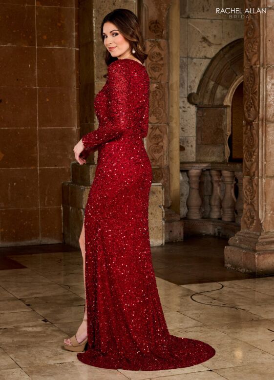 Rachel Allan RB8139 High Slit Long Sleeve V-Neck Dress