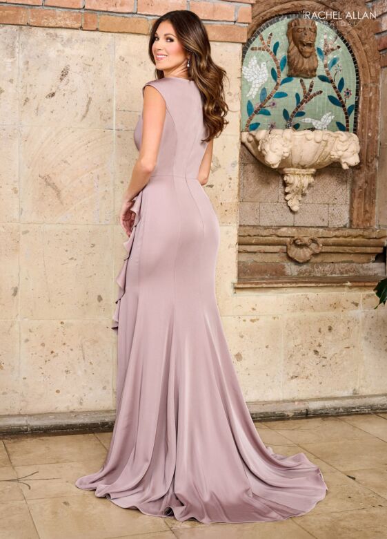 Rachel Allan RB8159 Asymmetric Neckline Ruffle Slit Dress