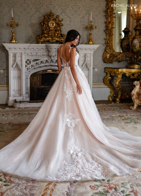 Rachel Allan RB3244 Lace Applique Bodice Plunging Neck Wedding Gown