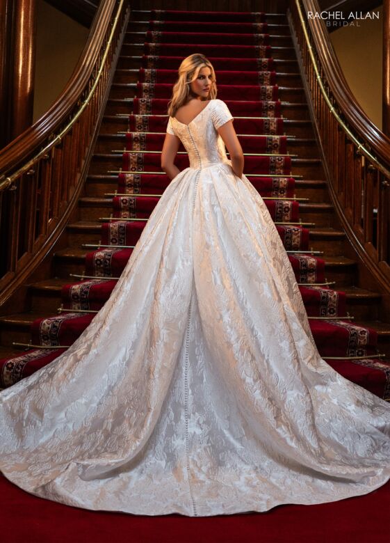 Rachel Allan RB7027 Short Sleeve Brocade V-Neck Bridal Gown