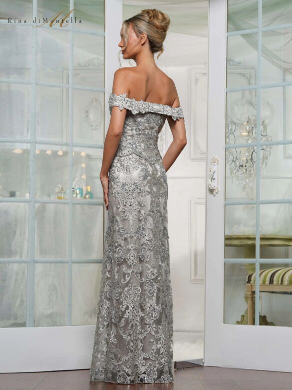 Rina Di Montella RD3144 Off-The-Shoulder Peplum Lace Dress