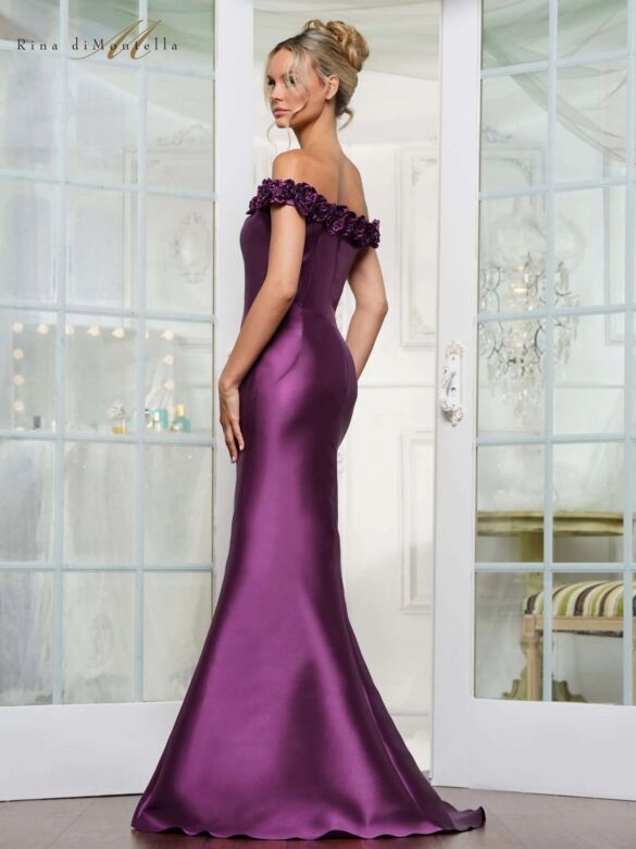 Rina Di Montella RD3205 Rosette Neck Off-The-Shoulder Mikado Dress