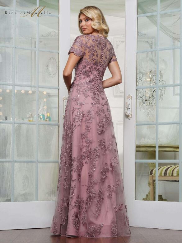 Rina Di Montella RD3248 Short Sleeve A-Line Embroidered Lace Dress