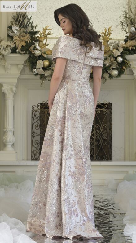 Rina Di Montella RD3306 Pleated Bodice Side Drape Brocade Dress