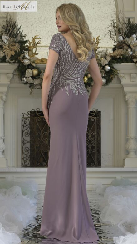 Rina Di Montella RD3323 V-Neck Short Sleeve Beaded Crepe Dress
