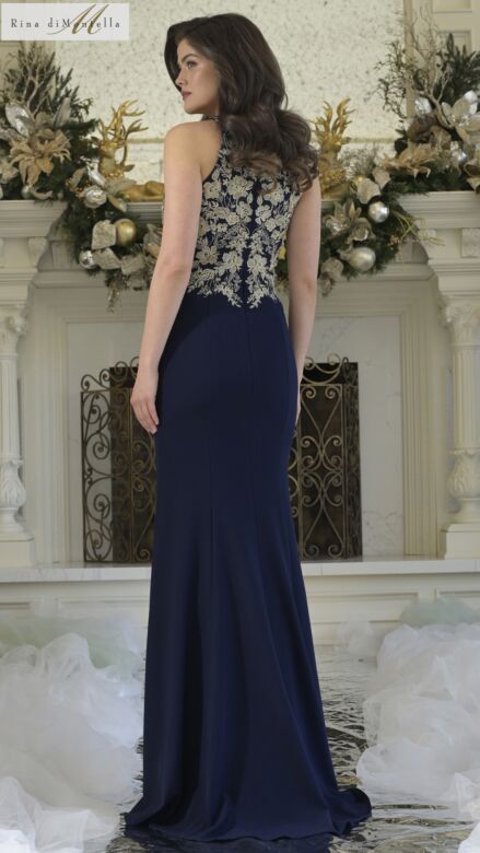 Rina Di Montella RD3345 Embroidered Bodice Fitted Halter Neck Dress