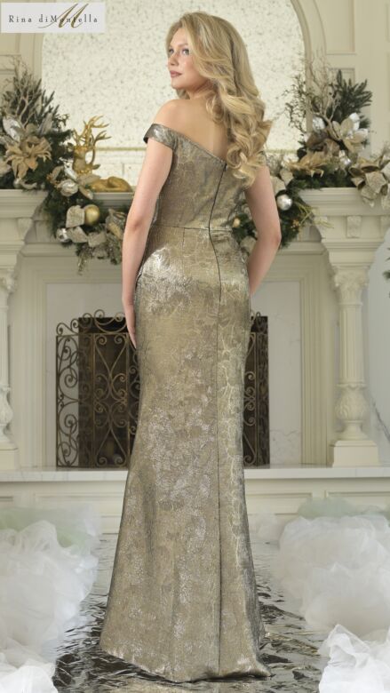 Rina Di Montella RD3364 Draped Skirt Off The Shoulder Jacquard Dress
