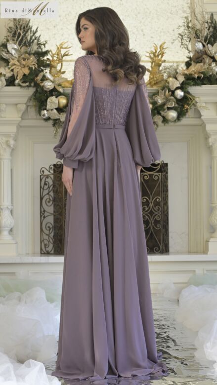 Rina Di Montella RD3374 Bateau Neck Chiffon Bishop Sleeve Dress