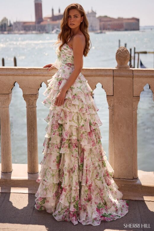 Sherri Hill 57614 Ruched Bodice High Slit Floral Dress